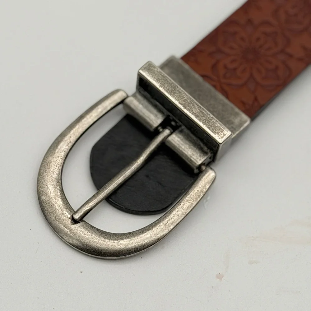 Womens Brown Floral Tooled Embossed Reversible Belt Silver Buckle Boho Western